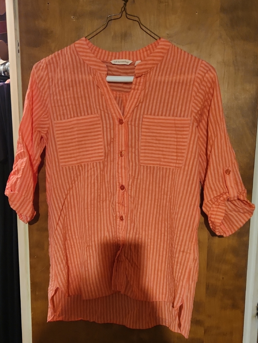 Soft Surroundings Coral-Striped Button Front Tunic Shirt